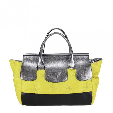 Tote bag in synthetic down and leather with shaped flap