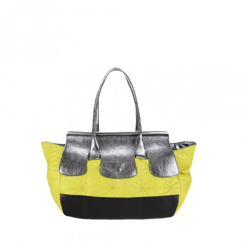 Tote bag small in synthetic down and leather with shaped flap